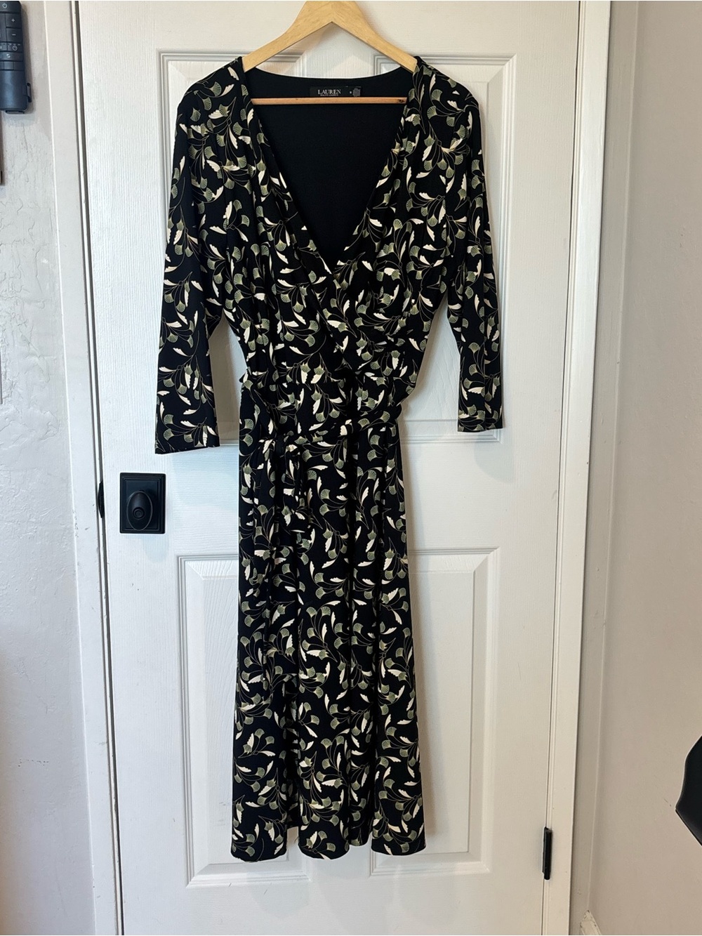 Ralph Lauren Black Wrap-Style Long Sleeve Midi Dress with Cream Leaf Print